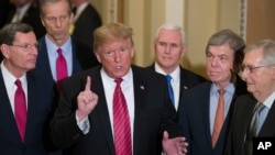 Hình chụp năm 2019, TT Donald Trump (đang nói), và nghị sĩ Mitch McConnell (bìa phải).