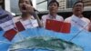 Protesters hold a model of Diaoyu islands (Senkaku islands in Japan) with Chinese national flags during a demonstration near the Japanese Consulate in Hong Kong Monday, July 9, 2012. Japan's leader said that his government is negotiating to buy the island
