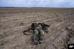 کیو، یوکرین کے نواح میں مکئی کے کھیتوں میں پڑی ایک روسی فوجی کی لاش ، جو یوکرین کی افواج سے لڑائی میں مارا گیا۔ فائل فوٹو اے پی