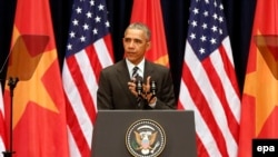 Tổng thống Mỹ Barack Obama đọc diễn văn về quan hệ Việt-Mỹ trước giới trẻ Việt Nam tại Trung tâm Hội nghị Quốc gia ở Hà Nội, ngày 24/5/2016.