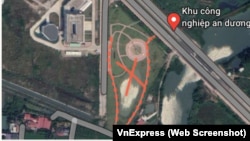 Hình ảnh từ vệ tinh của Google Map cho thấy công trình trong khuôn viên KCN An Dương của Cty TNHNN Thâm Việt (Trung Quốc) ở Hải Phòng giống với "đường lưỡi bò." (Ảnh chụp màn hình VnExpress)