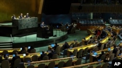 یکم اگست، 2022 کو اقوام متحدہ کی جنرل اسمبلی میں جوہری عدم پھیلاؤ کے معاہدے (این پی ٹی) کی جائزہ کانفرنس (اے پی فوٹو)
