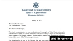 Bức thư của các nghị sĩ Hoa Kỳ gửi Đại sứ Marc Knapper ngày 28/1/2022. Photo Lofgren.House.gov