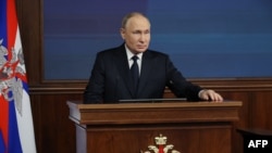 Tổng thống Nga Vladimir Putin phát biểu tại cuộc họp của Bộ Quốc phòng Nga ở Moscow vào ngày 19 tháng 12 năm 2023.